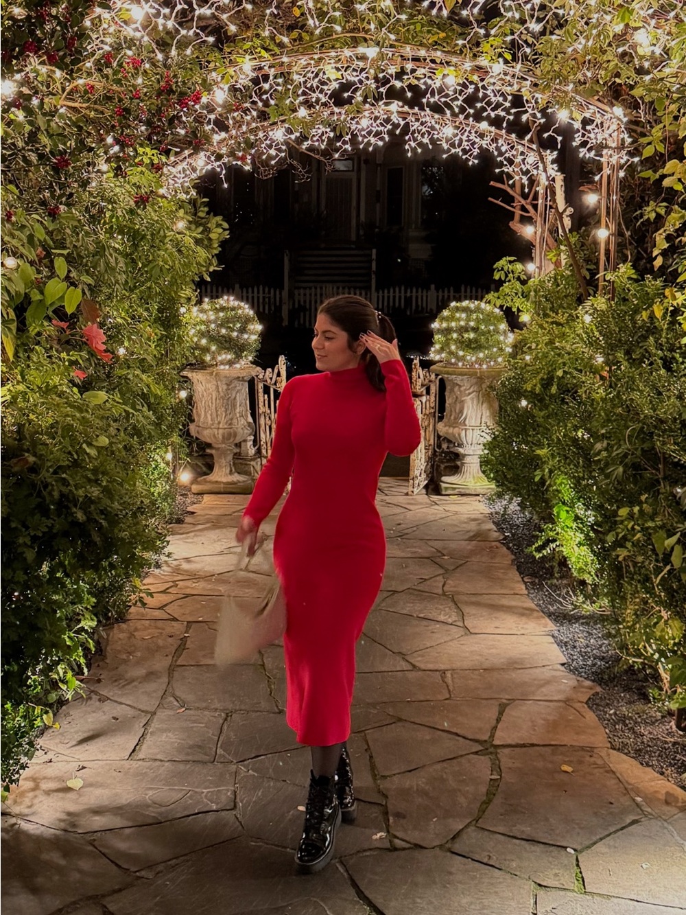 Zara Red Long Sleeve Turtleneck / Mock Neck Knit Midi Dress